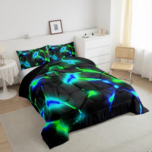 Image of Feelyou Kids Honeycomb Bedding Set King Size, Blue Green Hexagonal Duvet Insert Geometrical Comforter Set Boys Girls Teens Bedroom Decor Microfiber Bed Set