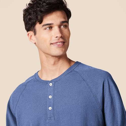 Amazon Essentials Camiseta de Manga Larga con Cuello Henley y Corte Recto (Disponible en Talla Grandes y Largos Especiales) Hombre, Azul Mezcla, L
