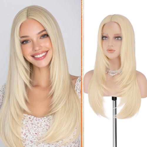 Haloo Blonde Wig with Curtain Bangs - Lace Front Hairline Middle Part Long Layered Natural Looking Straight Synthetic Hair Wigs for Women Daily Party, 24 Inch