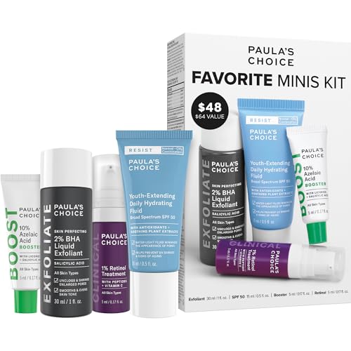 Paulas Choice Favorites Mini Kit 4 Piece Set Includes 2% BHA Exfoliant 1% Retinol Treatment 10% Azelaic Acid Booster Youth Extending SPF 50 Moisturizer Travel Skin Care Set for Glowing Skin