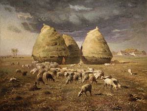 Peinture à l'huile Haystacks Autumn Millet pour décorer un salon chaleureux