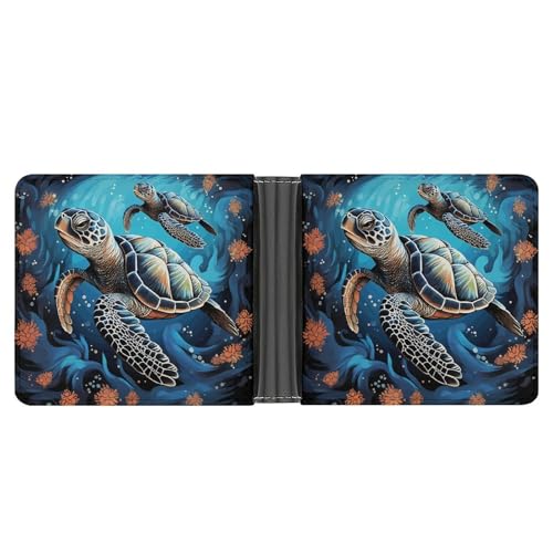 Men's Leather Wallet Bifold Wallet for Men Sea Turtle Boho Style Slim Wallet with Multiple Card Classic Passcase Mens Card Holder