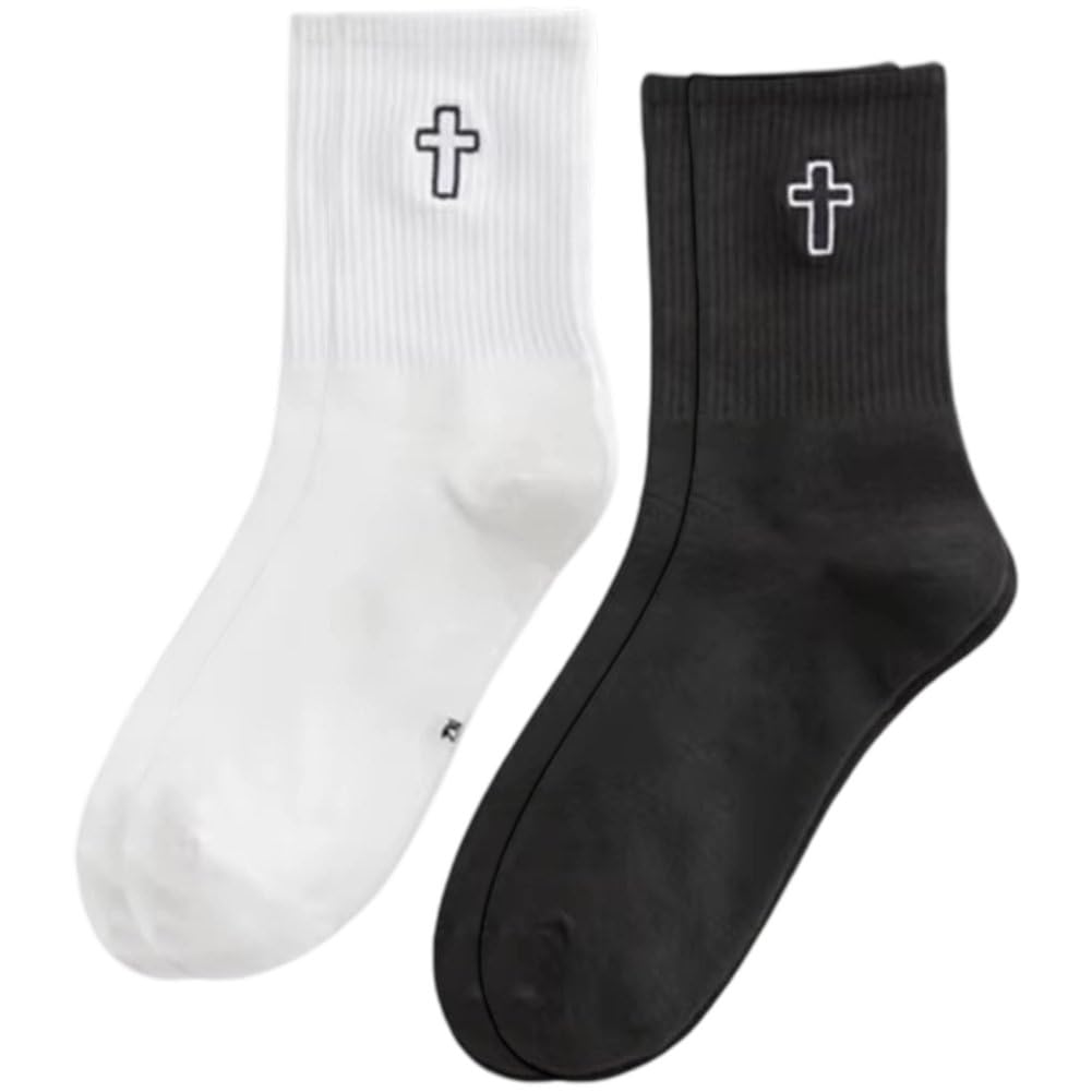 Uzztfa Women's Style1 2 Pairs Crew Socks, Embroidered Cross Socks White Black Sports Socks Breathable Cotton Athletic Socks For Running Sports Training