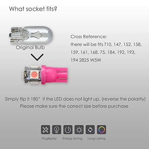 Sawe - T10 Wedge 5-Smd 5050 Led Light Bulbs W5W 2825 158 192 168 194 (8 Pieces) (Pink/Purple) #TOP2