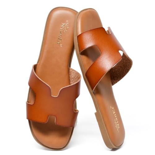 Image of NianEr Womens Microfiber Leather Memory Foam H Sandals Summer Shoes Slides | Flat, Comfortable, Slip On, Dressy, Dress, Beach, Vacation, Designer, Comfy, Casual, Bridal, Church, Boho, Office, Work