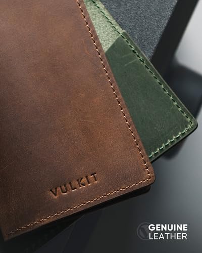 Image of VULKIT Genuine Leather Business Card Holder 2 Sided Slim Business Name Card Organizer for Men or Women, up to Hold 20 cards (Genuine Dark Brown)