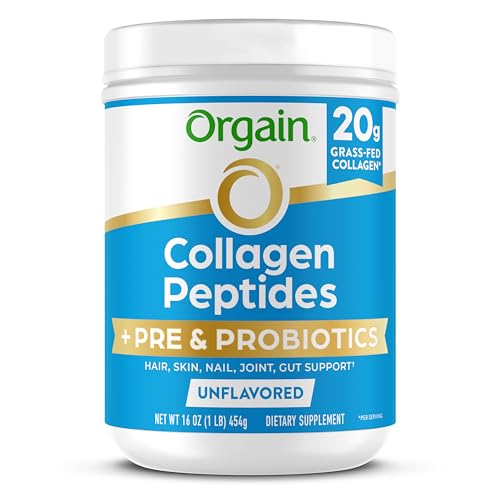 Orgain Hydrolyzed Collagen Peptides + Prebiotic & Probiotics Powder for Women & Men, 20g Grass Fed Collagen, 1 Billion CFU – Supports Digestive, Hair, Skin & Joint Health, Non-GMO, Type I & III, 1lb