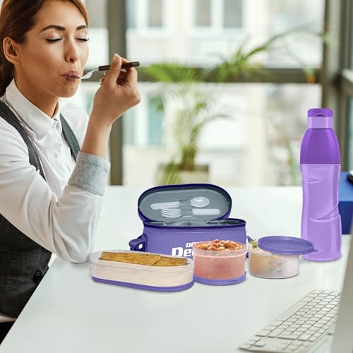 Image of MILTON Hydrameal Combo Set Lunch Box with Insulated Jacket & 490 ml Water Bottle, 3 Containers (450 ml, 280 ml, 280 ml), Microwavable & Leak-Proof Tiffin for Office, School & College, Purple