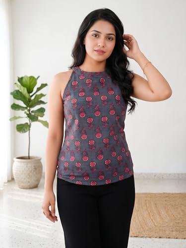 Image of Yash Gallery Women's Cotton Regular Fit Floral Printed Hot Neck Regular Top
