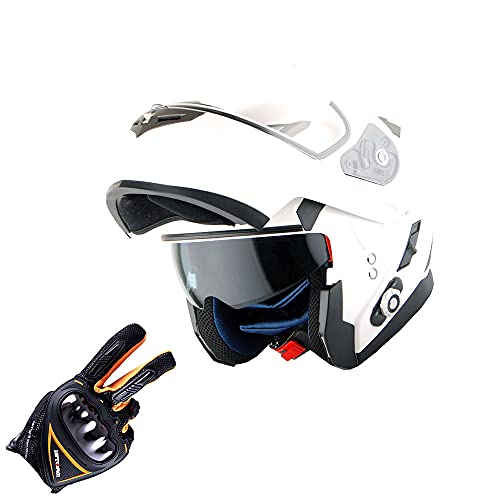 Martian Motorcycle Bluetooth Helmet Modular Full Face Flip up Dual Visor Bluetooth Headset (2 Riders Intercom; 500 Meters): HM-BH1 Bundle with Gloves