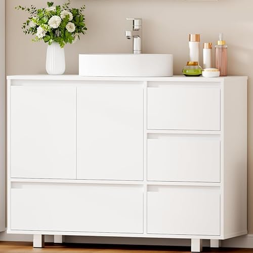 ANWBROAD Waschbeckenunterschrank Badezimmerschrank mit 4 Schubladen 2 Schranktüren Viel Stauraum Unterschrank Waschbecken mit Füßen Moderner 30 x 90 x 64.5 cm Weiß SSC002W
