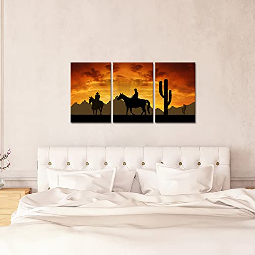 Ilooklike Western Cowboy Canvas Wall Art Rodeo Cowboy And Horse In Sunset Desert Painting Prints Black Cactus Silhouette Artwork Stretched And Framed For Home Living Room Decoration 16X24Inchx3Pcs #TOP4