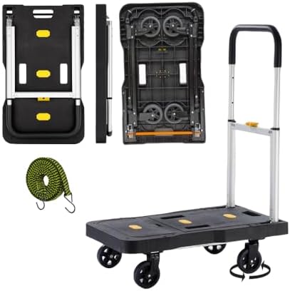 Folding Hand Truck, 150kg/330 Lbs Heavy Duty Luggage Cart, Portable Utility Dolly Platform Cart with Adjustable Handle for Auto, Luggage, Personal, Travel, Moving Shopping and Office Use