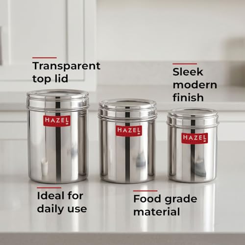 Image of HAZEL Stainless Steel Kitchen Container with Transparent Lid | Top See Through Kitchen Container Set with Matt Finish | Multipurpose Container for Kitchen Storage, Set of 3, 900 ML, 1100 ML, 1500 ML