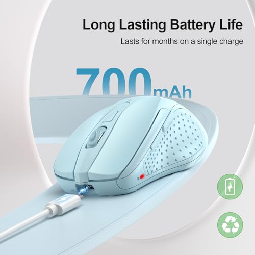 Image of TECKNET Wireless Mouse, BT 5.0 /2.4G, Rechargeable 6-DPI Silent, Lightblue | Bluetooth 5.0 /3.0 & USB A, 2-Device Easy Switch, Wide OS Compatible, 6 Buttons, 6-DPI up to 4800, Ergonomic for S to M Hands