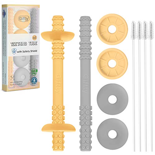 Image of Teething Tube with Safety Shield Baby Hollow Teether Sensory Toys Gum Massager, Food-Grade Silicone for Infant 3-12 Months Boys Girls, 1 Pair with 4 Cleaning Brush Included (Tangerine +Gray)