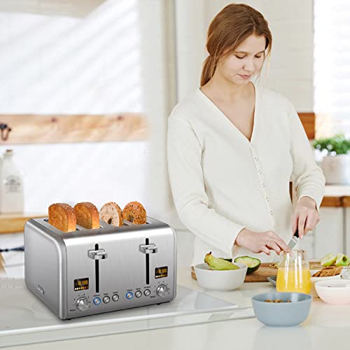 Seedeem 4 Slice Toaster, Stainless Steel Bread Toaster With Colorful Lcd Display, 7 Bread Shade Settings, 1.5'' Wide Slots Toaster With Bagel/Defrost/Reheat Functions, Removable Crumb Tray, Silver Metallic, 1800W #TOP6