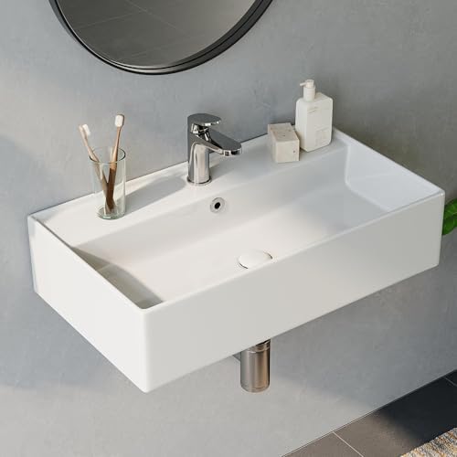 HOROW Bad Waschbecken mit dünnem Rand, 55 cm breit | Rechteckig Aufsatzwaschbecken mit hahnloch, Wand waschbecken, ideal für Bad Gäste WC und Waschraum geeignet