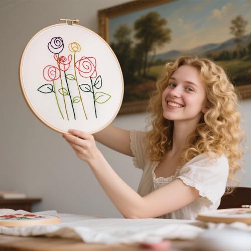 Image of Easy Flower Embroidery Kits for Beginners Adults, Minimalism Embroidery Starter Kits, Counted Cross Stitch Kits for Beginners Adults Hobbies Set for Women, Embroidery Hoops, Thread and Video Tutorial