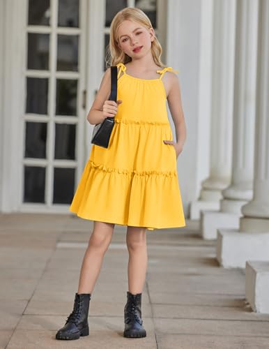 Arshiner Girl Summer Dresses Tween Boho Spaghetti Strap A-Line Swing Flowy Ruffle Tiered Sundress with Pockets4