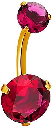 UniHorn 14G Gold Double-Gem Navel Barbell Belly Ring (Ruby)