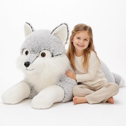 Image of BENINY 30 Inch Giant Wolf Stuffed Animal, Super Soft Big Winter Wolf Plush Toy Pillow, Fluffy Stuffed Wolf Plushie for Kids and Adults, Birthday