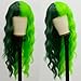 EVLYNN Glueless Green Long Loose Wavy Wig with Bangs Half Dark Green Half Light Green Loose Wave Curly Wigs No Lace Heat Resistant Synthetic 24 Inch Wig for Women for Daily Party Cosplay Use