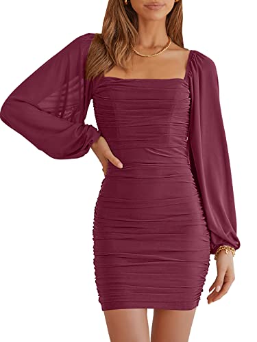 Anrabess Women's Puff Long Sleeve Square Neck Ruched Short Dress Sexy Party Club Date Night Out Bodycon Mini Dress 642Qianzi-S Purple #TOP20