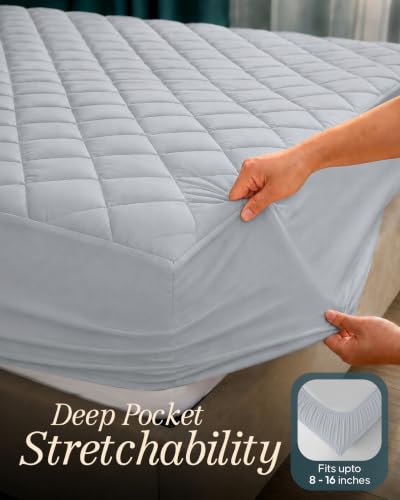 Image of Quilted Fitted Mattress Pad, Twin Mattress Protector Topper with Deep Pocket Stretches up to 16 Inches, Machine Washable Mattress Cover by Utopia Bedding (Light Grey)