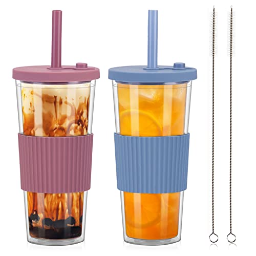 ZgoEC 24oz Bubble Tea Becher mit Strohhalm, 2er Set Auslaufsicher Trinkbecher, Eiskaffee Becher Smoothie, Doppelwandig Isoliert Tumbler Cup für Kaffee, Milchshakes, Soda, Geschenk für Familie