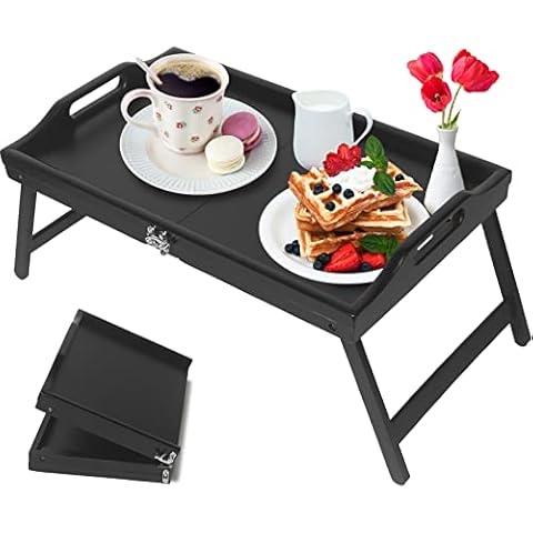 Breakfast Tray Table with Folding Legs Serving Tray (Foldable Black) Cover