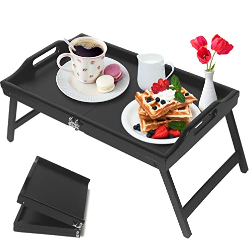 Foldable Bed Tray Bamboo Breakfast Food Tray With Folding Legs Kitchen Platters Serving Tray For Bed Tv Table Desk Laptop Computer Snack Tray(Black) #TOP19