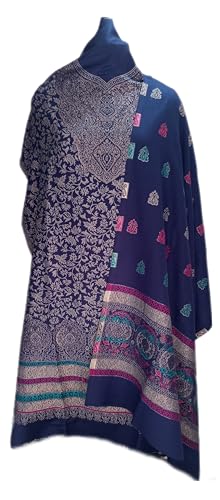 Image of Womens designer woolen suit for women with salwar and kashmiri shawl winter wear kani unstitched fabric set, stylish kurta pant set woollen dress material for women by pure pashmina wooltex
