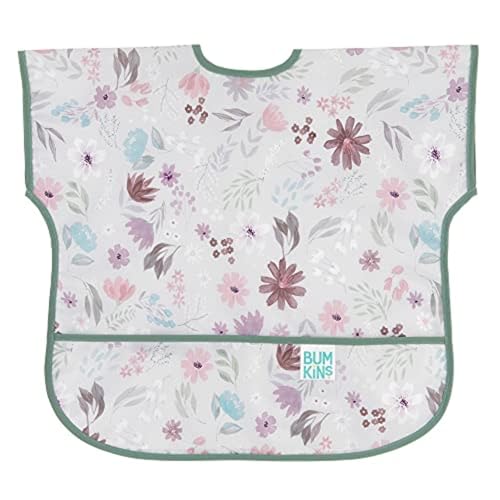 Image of Bumkins Short Sleeve Bib for Girl or Boy, Toddler and Kids for 1-3 Years, Large Size, Essential Must Have for Junior Children, Eating, Mess Saving Soft Fabric Apron for Play, Floral Gray