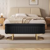 ivoros 50' Velvet Storage Bench, Ottoman Bench with 300lb Seating, Upholstered Fabric End of Bed Bench with Gold Legs,Flipping Lid Entryway Footrest (Black)