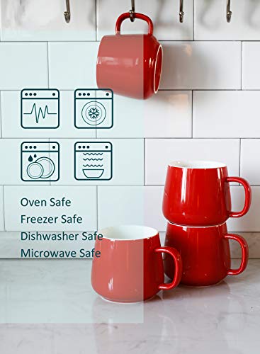 Porcelain Coffee Mugs Set of 4 - 12 Ounce Cups with Handle for Hot or Cold Drinks like Cocoa, Milk, Tea or Water - Smooth Ceramic with Modern Design, Red - Thumbnail 3