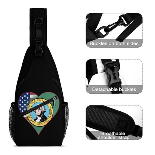 U.S.A. State of Washington Flag Heart Crossbody Sling Backpack Casual Chest Bag Fanny Pack for Women Men Travel Hiking3