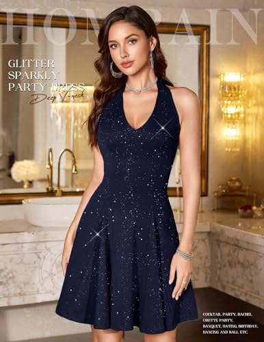 Image of HomRain Glitter Sparkle V Neck Cocktail Dress for Women 2026 A Line Backless Halter Sequin Homecoming Evening Party Dresses