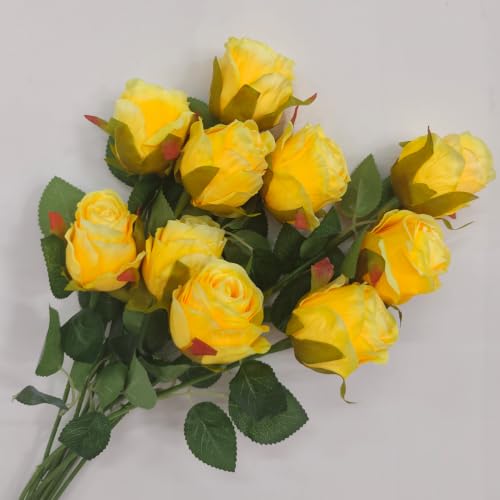 HZYZZYQ Artificial Yellow Roses 10 Pcs Single Stem Silk Fake Roses