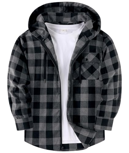 Flannel Shirt for Men Hooded Casual Zip Up Plaid Shirt Fall Stylish Long Sleeve Plaid Hoodie with Pocket Dark Gray