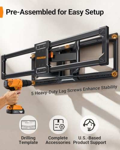 Image of Perlegear Full Motion TV Wall Mount with Power Strip for 60-120 Inch TVs | Heavy Duty TV Mount Wall Bracket, Holds 255 lbs, Tilt, Swivel, Extension, Fits 16″ /24″ /32″ Wood Studs, Max VESA 900 x 600mm