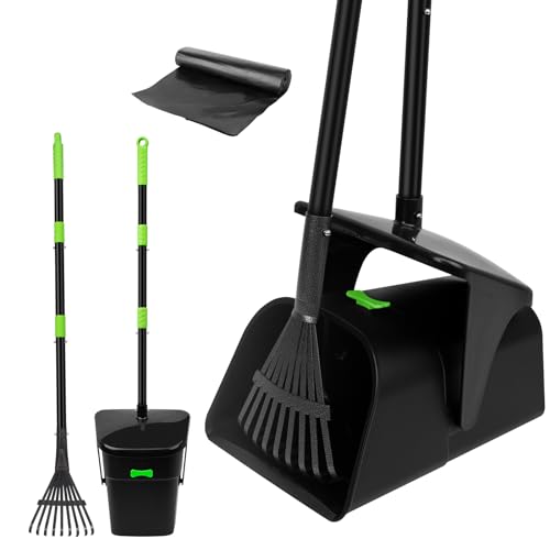 twocorn Pooper Scooper with Heavy Duty Swivel Bin & Rake, Long Handle for Medium/Small Dogs - Green