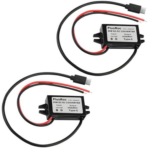 PlusRoc Waterproof DC 12V/24V to 5V 5A Step Down Converter, 25W USB-C Power Adapter for Raspberry Pi 5, Pi 4, Cellphone, and More (2-Pack)