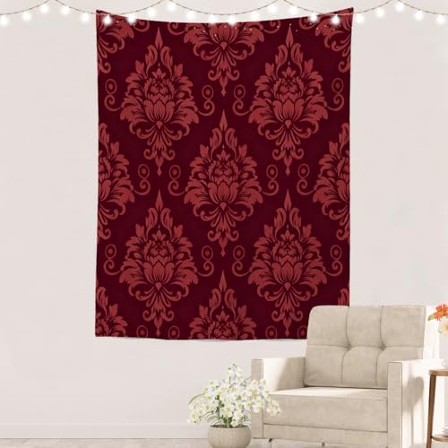 Batmerry Black Victorian Floral Tapestry, Red Retro Wall Art Hanging Decoration Polyester Fiber White Ruffled Around for Dorm Ro