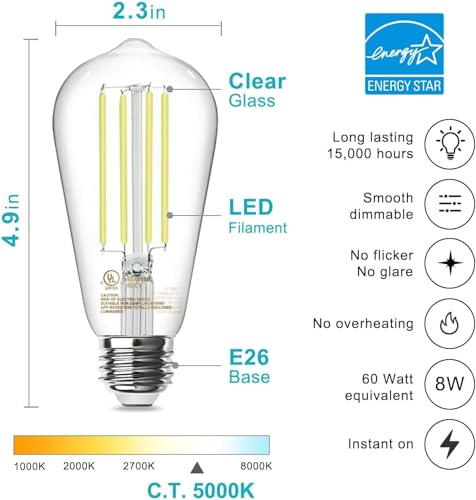 Image of TJOY 20 Pack E26 Base Vintage LED Edison Light Bulbs, 60W Equivalent, Dimmable, 5000K Daylight White, 8W ST58 LED Filament Bulbs, 800Lumens, CRI80+, Antique Glass Style for Home, Bedroom, Farmhouse