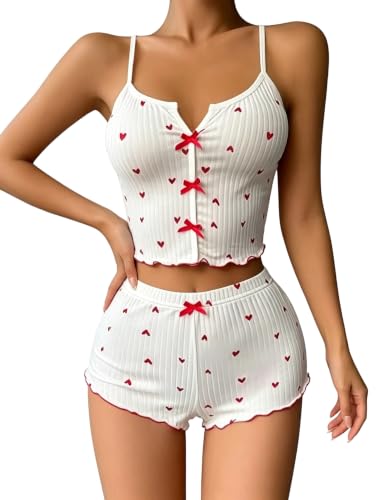 VicSec Ensemble Pyjama d'Été pour Femme, 2 Pièces, Débardeur Décontracté sans Manches et Short en Coton, Débardeur à Col V Imprimé Cœur, Vêtements de Nuit Doux, Short de Pyjama Y2K