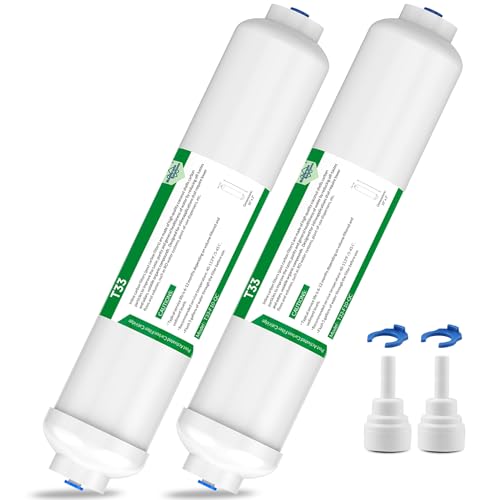 Image of Membrane Solutions 1 /4 inch T33 Inline Water Filter with 3 /8 inch Adapters | Post Carbon Filter for Undersink RO Systems, 1 /4 inch Quick-Connect Filter with 1 /4 inch to 3 /8 inch Push-to-Connect Fittings, 2 Pack