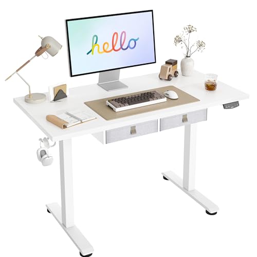 Image of Agilestic Electric Standing Desk with Drawers, 48 x 24 Inches Height Adjustable Desk, Stand up Computer Table with Memory Preset, for Work Office Home, Drawers-White
