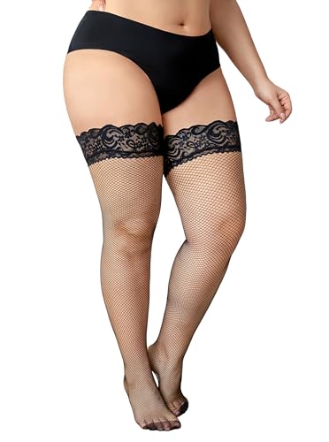 Hellomamma Plus Size Tights for Women: Sexy Fishnet Thigh High Stockings Silicone Lace Top Stay Up Sheer Hosiery Black 3XL