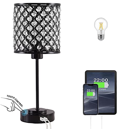 Crystal Touch Control Table Lamp With 2 Usb Charging Ports, 3-Way Dimmable Black Crystal Table Bedside Lamp Nightstand Desk Light For Bedroom, Girls Guest Room, Living Room, Bulbs Included #TOP7